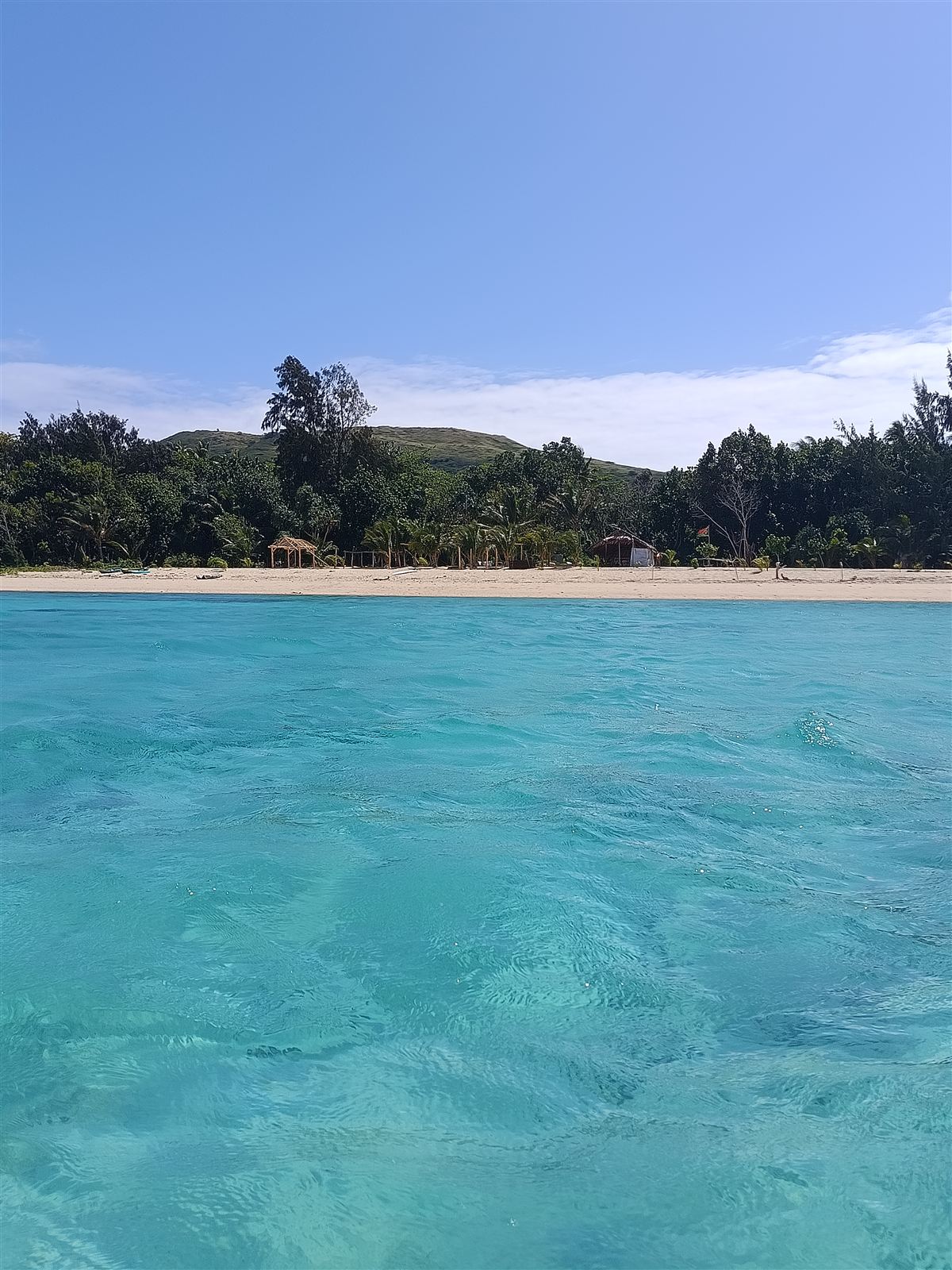 Clear turquoise water off Pele Island, looking toward a white sand beach and palm trees under a blue sky