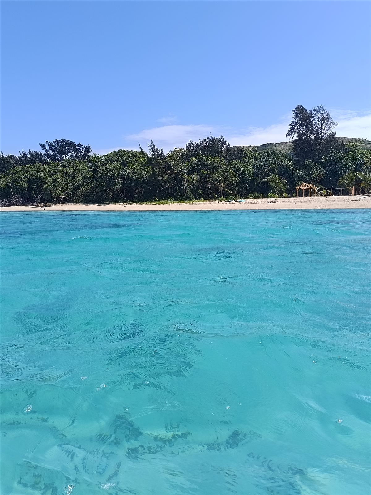 Clear turquoise water in front of a white sand beach and tropical forest