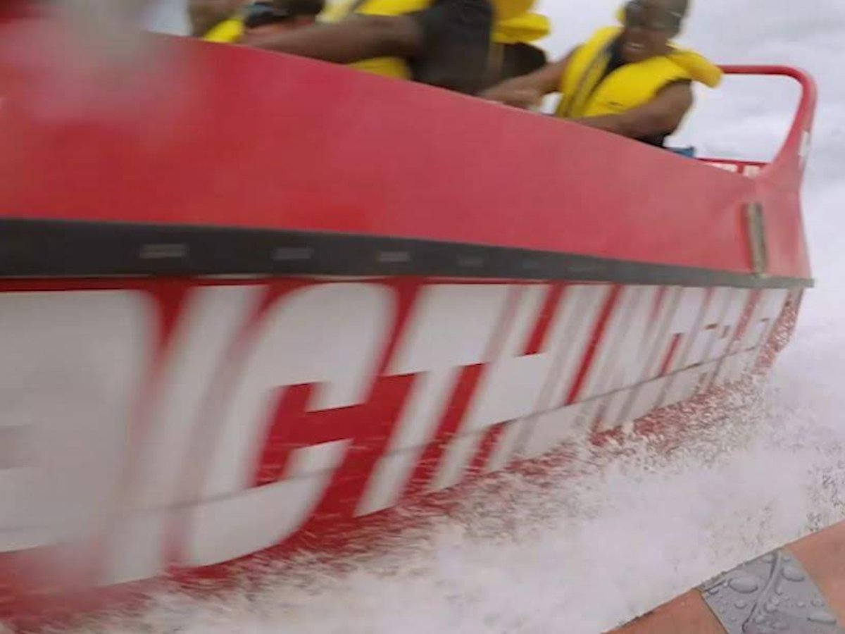 Close-up of Tropic Thunder Jet speeding through white water spray