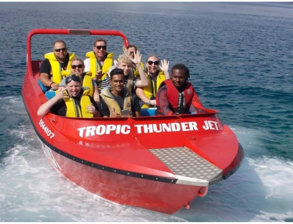 Tropic Thunder Jet boat with guests on Port Vila harbour